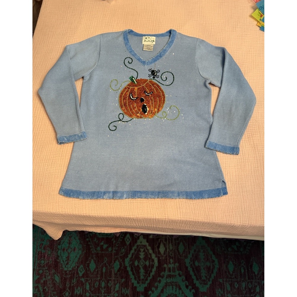 Vintage 90s Quacker Factory Halloween Sweater Size M Pumpkin Spider Sequins Stud